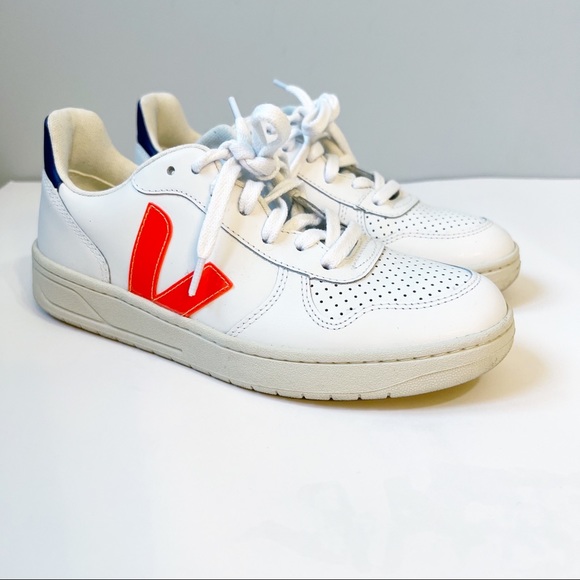 Veja Shoes Veja V Leather Lace Up Sneakers White Fluorescent Orange